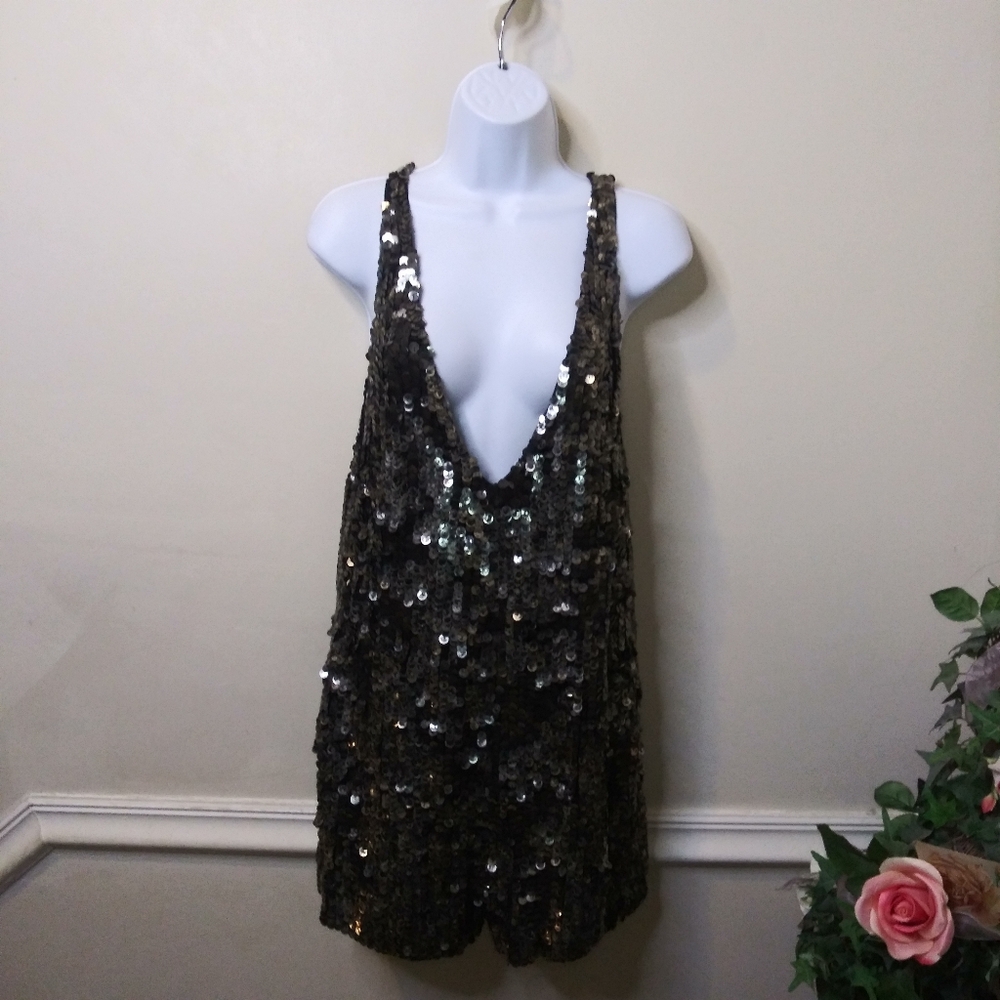 Free People Sexy Navy & Silver Sequinned Plunging Neckline Romper